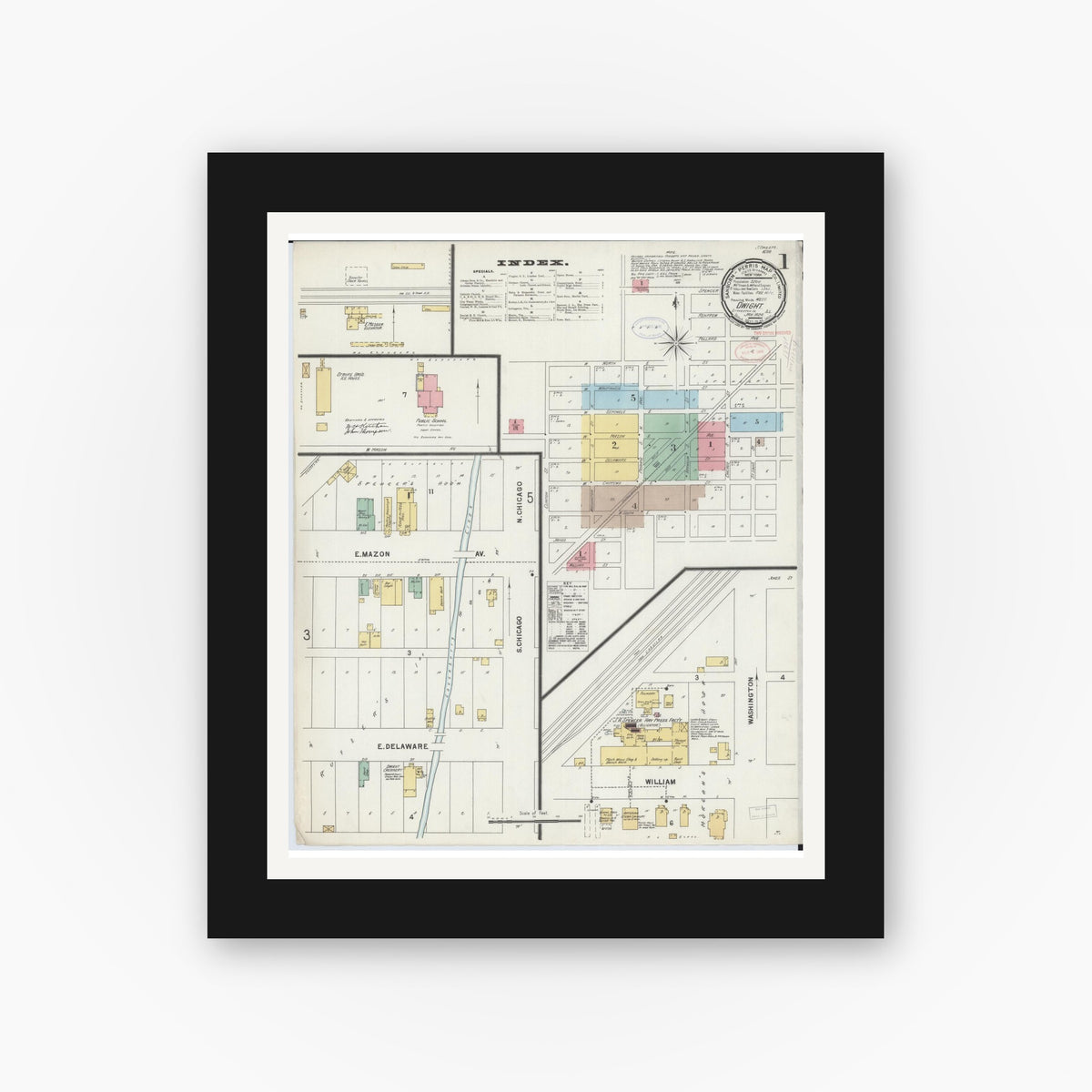 Old map wall art mockup — black gallery frame with white mat — Sanborn Fire Insurance Map from Dwight, Livingston County, Illinois (1898) - Complete Map Set