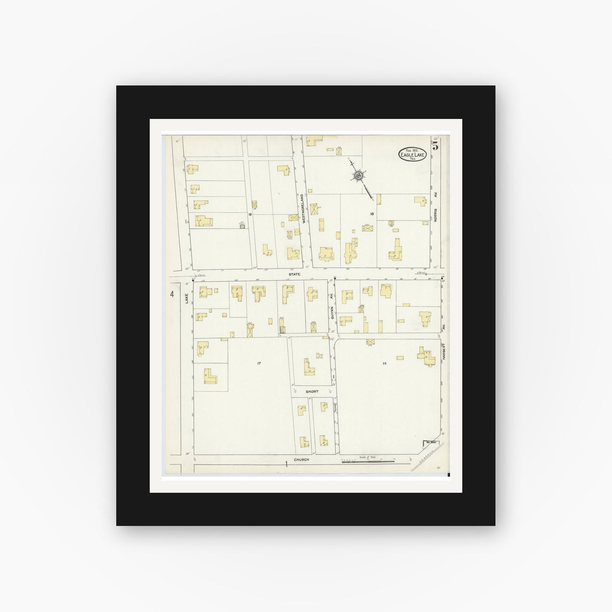 Old map wall art mockup — black gallery frame with white mat — Sanborn Fire Insurance Map from Eagle Lake, Colorado County, Texas (1912), Sheet #0005