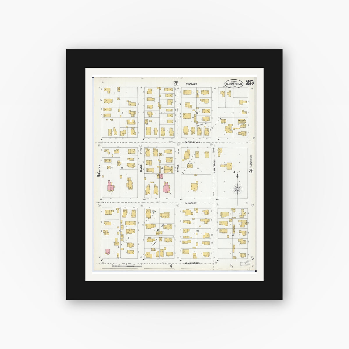 Old map wall art mockup — black gallery frame with white mat — Sanborn Fire Insurance Map from Bloomington, McLean County, Illinois (1901), Sheet #0025