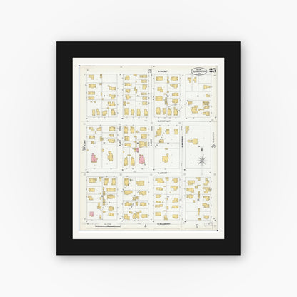 Old map wall art mockup — black gallery frame with white mat — Sanborn Fire Insurance Map from Bloomington, McLean County, Illinois (1901), Sheet #0025