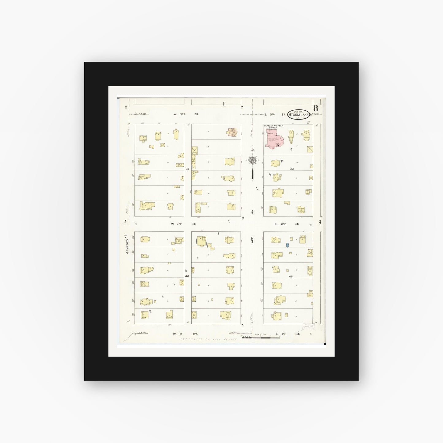 Old map wall art mockup — black gallery frame with white mat — Sanborn Fire Insurance Map from Storm Lake, Buena Vista County, Iowa (1914), Sheet #0008
