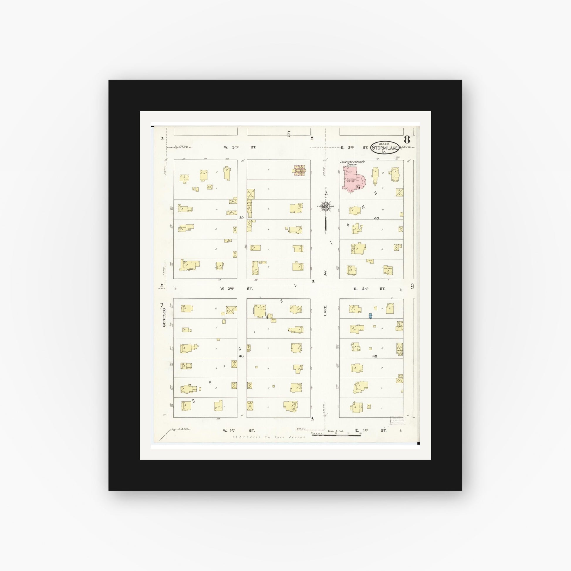 Old map wall art mockup — black gallery frame with white mat — Sanborn Fire Insurance Map from Storm Lake, Buena Vista County, Iowa (1914), Sheet #0008