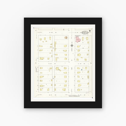 Old map wall art mockup — black gallery frame with white mat — Sanborn Fire Insurance Map from Storm Lake, Buena Vista County, Iowa (1914), Sheet #0008