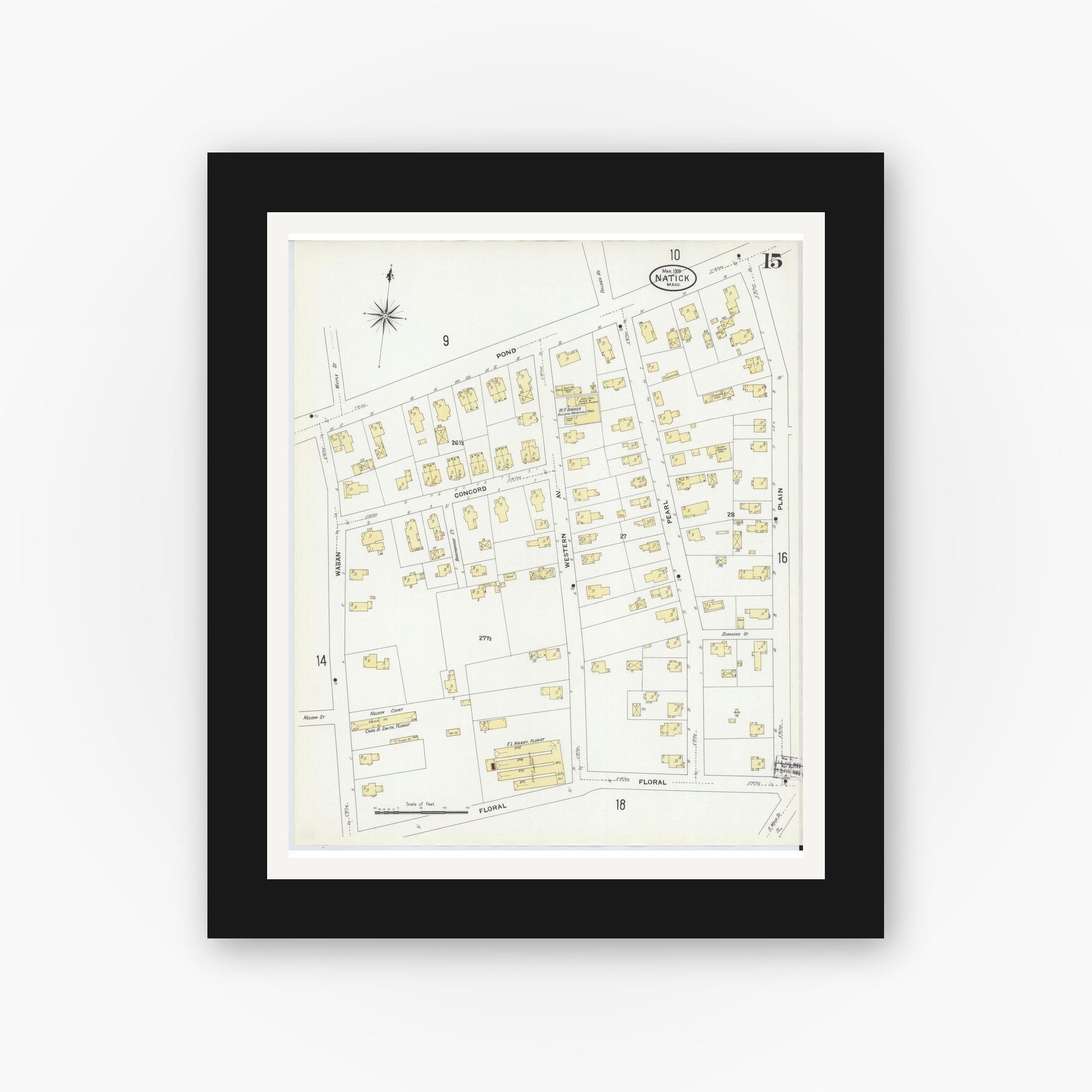 Old map wall art mockup — black gallery frame with white mat — Sanborn Fire Insurance Map from Natick, Middlesex County, Massachusetts (1909), Sheet #0015