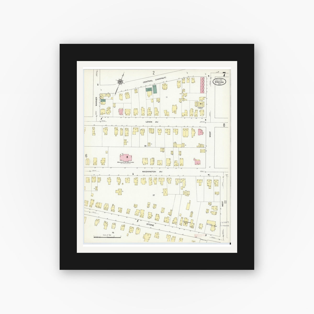 Old map wall art mockup — black gallery frame with white mat — Sanborn Fire Insurance Map from Oneida, Madison County, New York (1909), Sheet #0007