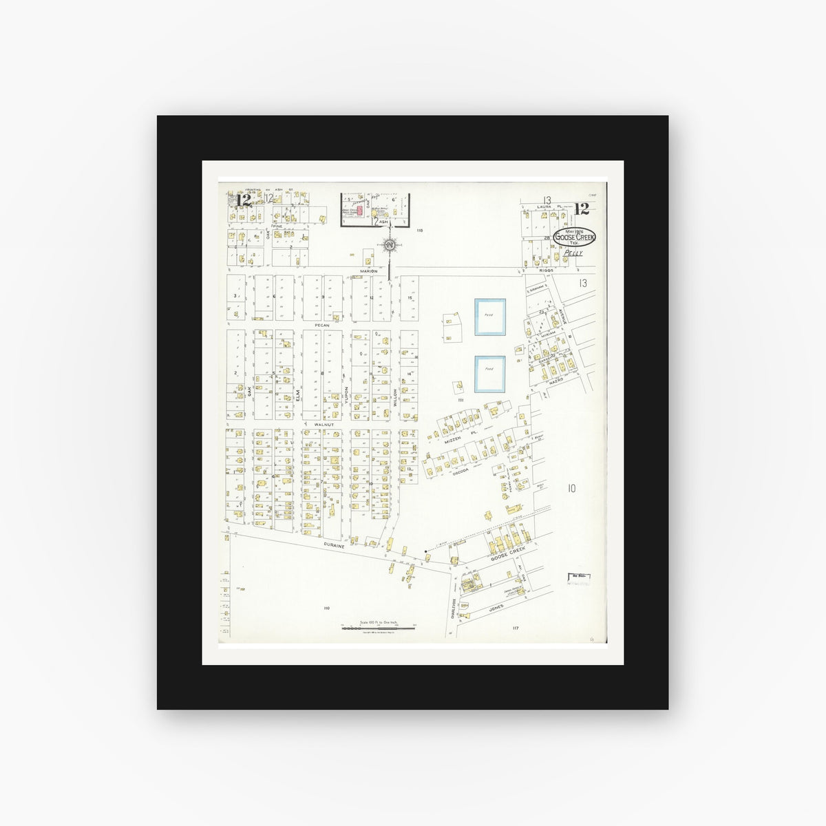 Old map wall art mockup — black gallery frame with white mat — Sanborn Fire Insurance Map from Goose Creek, Harris County, Texas (1926), Sheet #0012