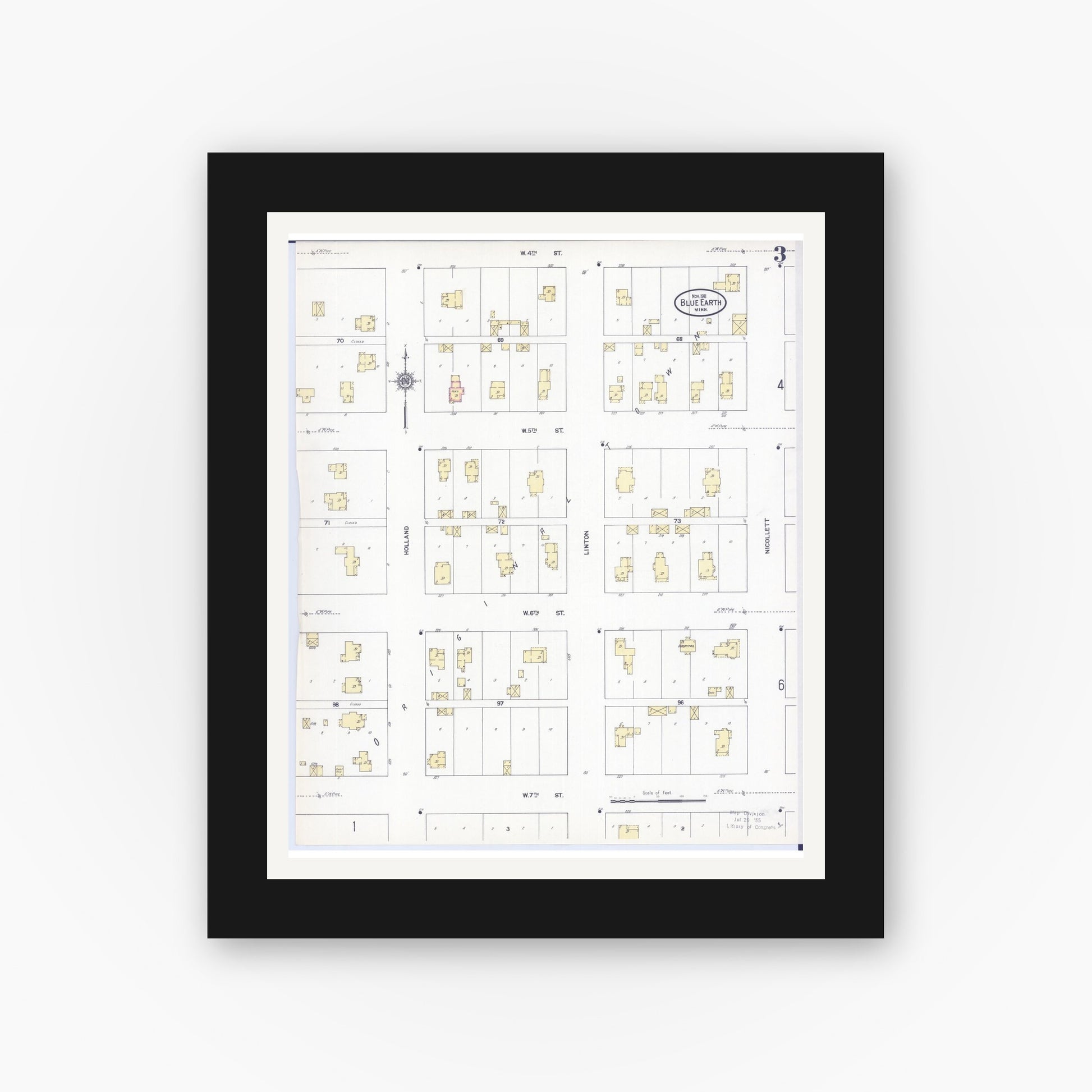 Old map wall art mockup — black gallery frame with white mat — Sanborn Fire Insurance Map from Blue Earth, Faribault County, Minnesota (1911), Sheet #0003