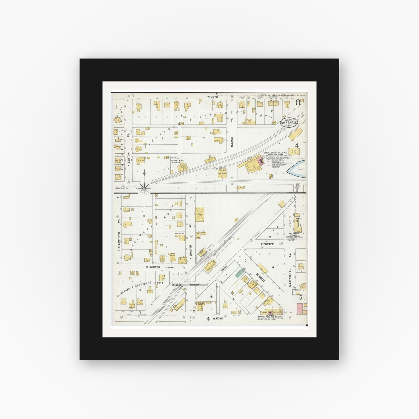 Old map wall art mockup — black gallery frame with white mat — Sanborn Fire Insurance Map from Marshall, Saline County, Missouri (1900), Sheet #0008