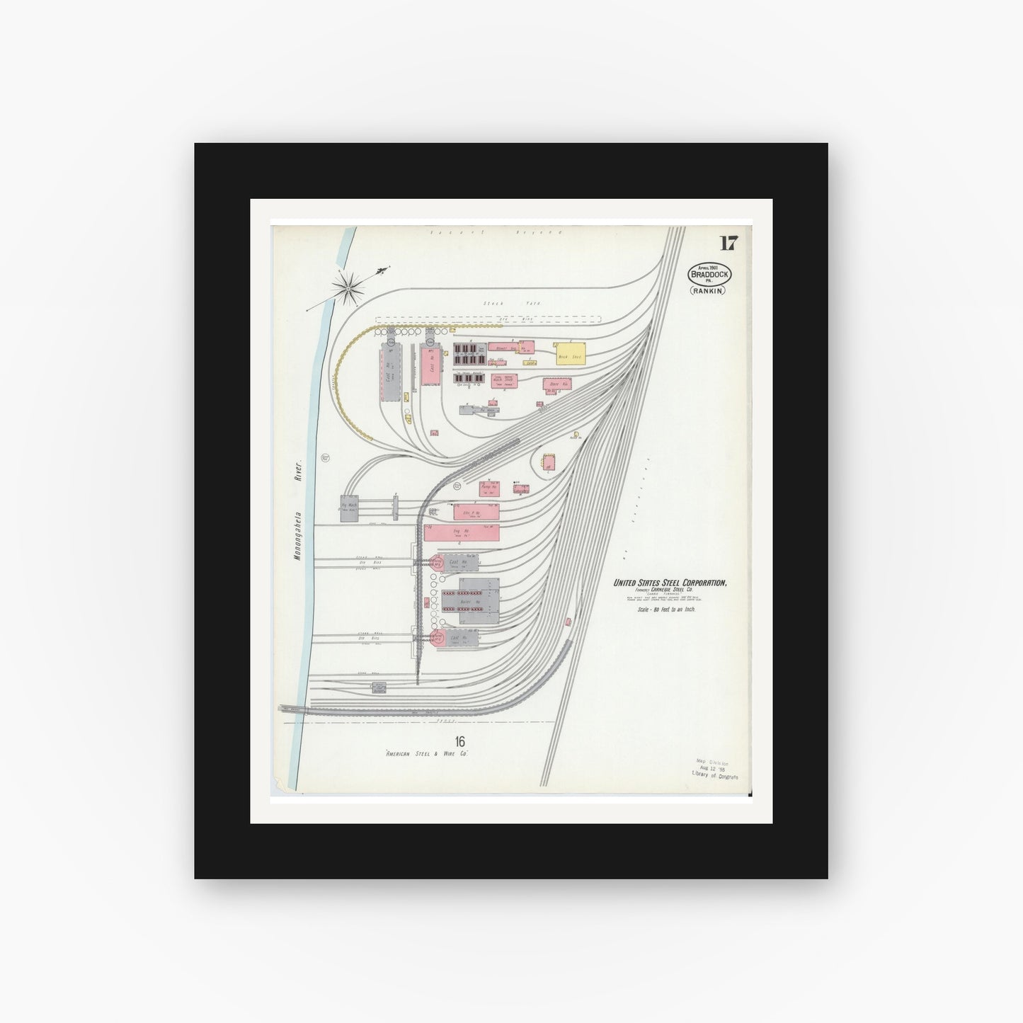 Old map wall art mockup — black gallery frame with white mat — Sanborn Fire Insurance Map from Braddock, Allegheny County, Pennsylvania (1901), Sheet #0017