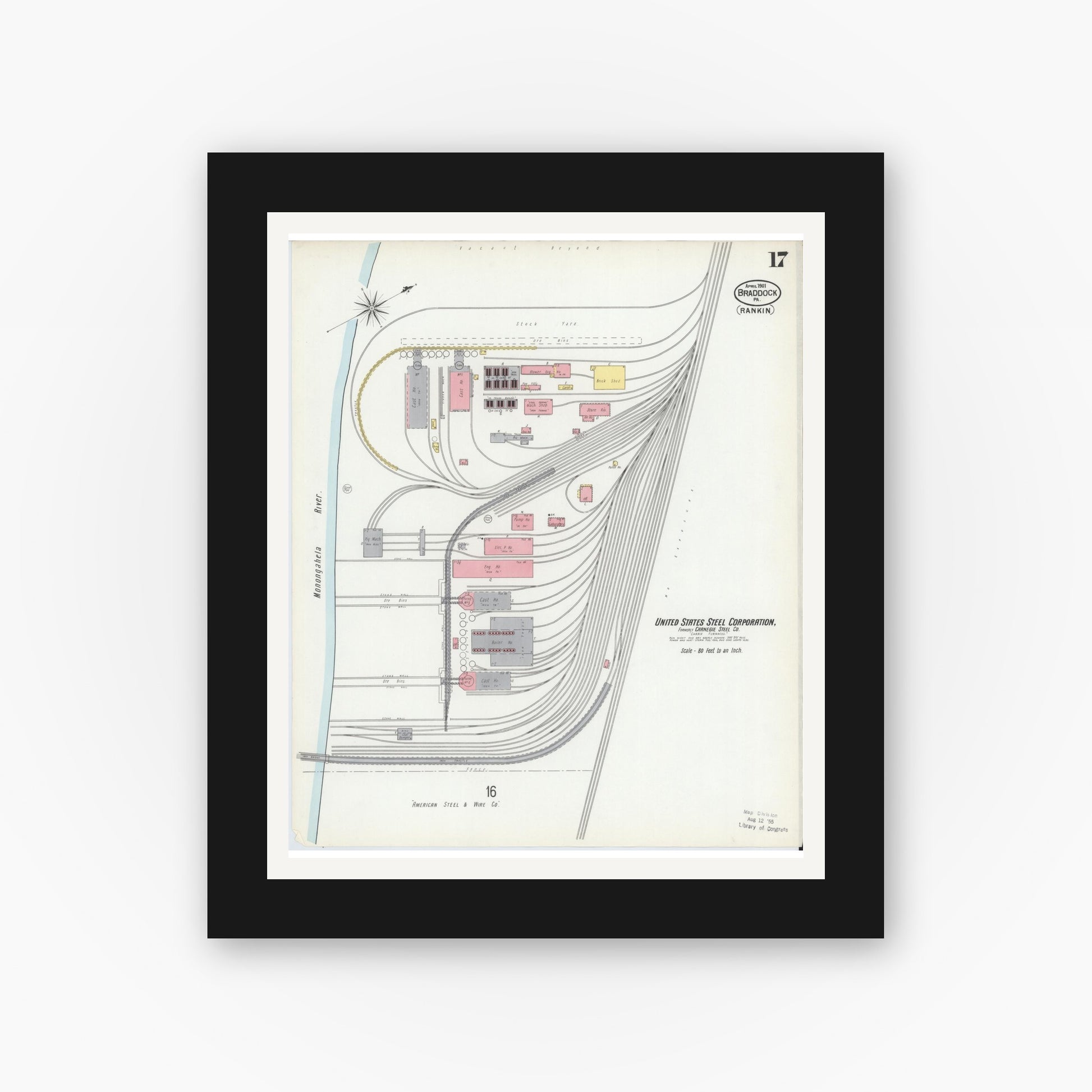Old map wall art mockup — black gallery frame with white mat — Sanborn Fire Insurance Map from Braddock, Allegheny County, Pennsylvania (1901), Sheet #0017