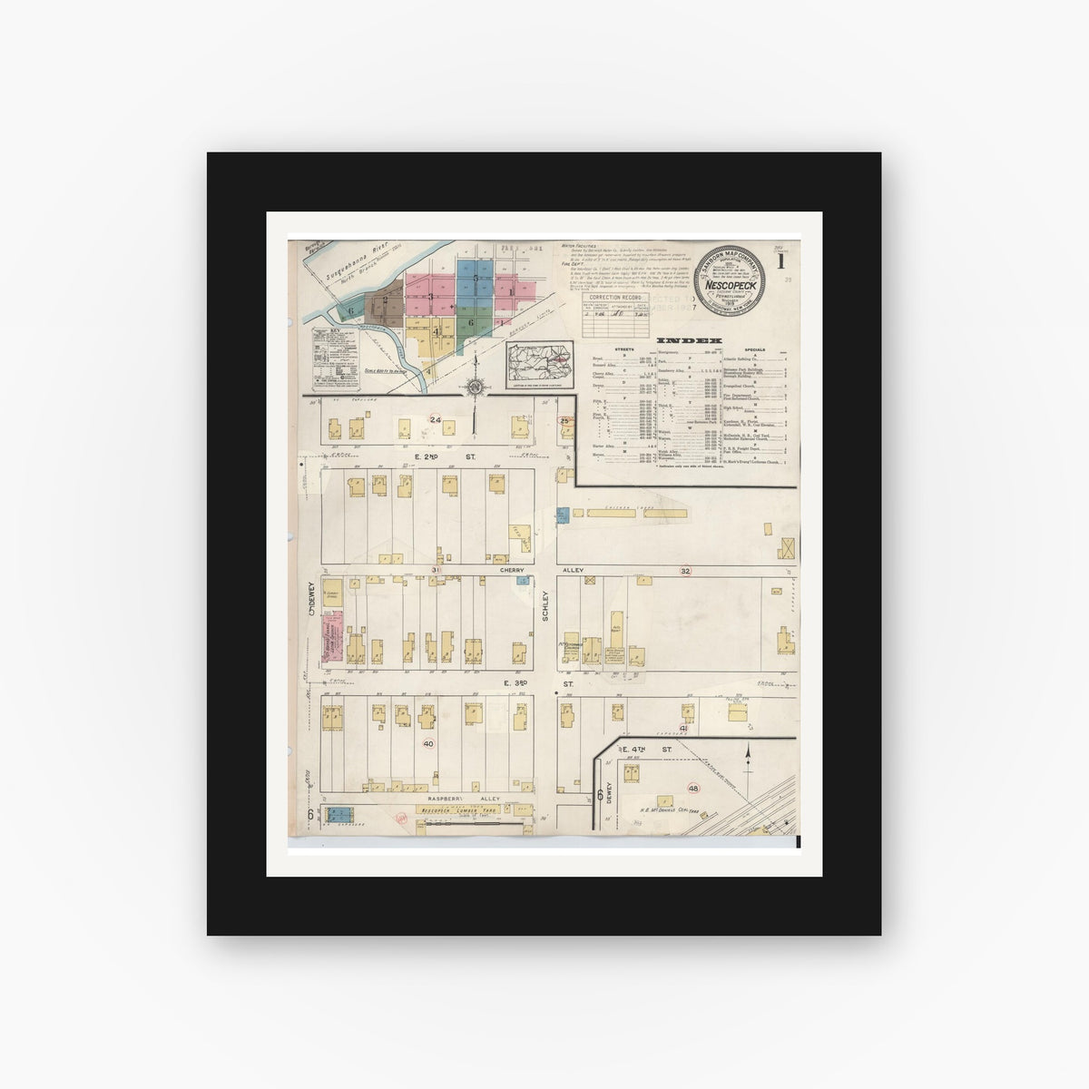 Old map wall art mockup — black gallery frame with white mat — Sanborn Fire Insurance Map from Nescopeck, Luzerne County, Pennsylvania (1936), Sheet #0001
