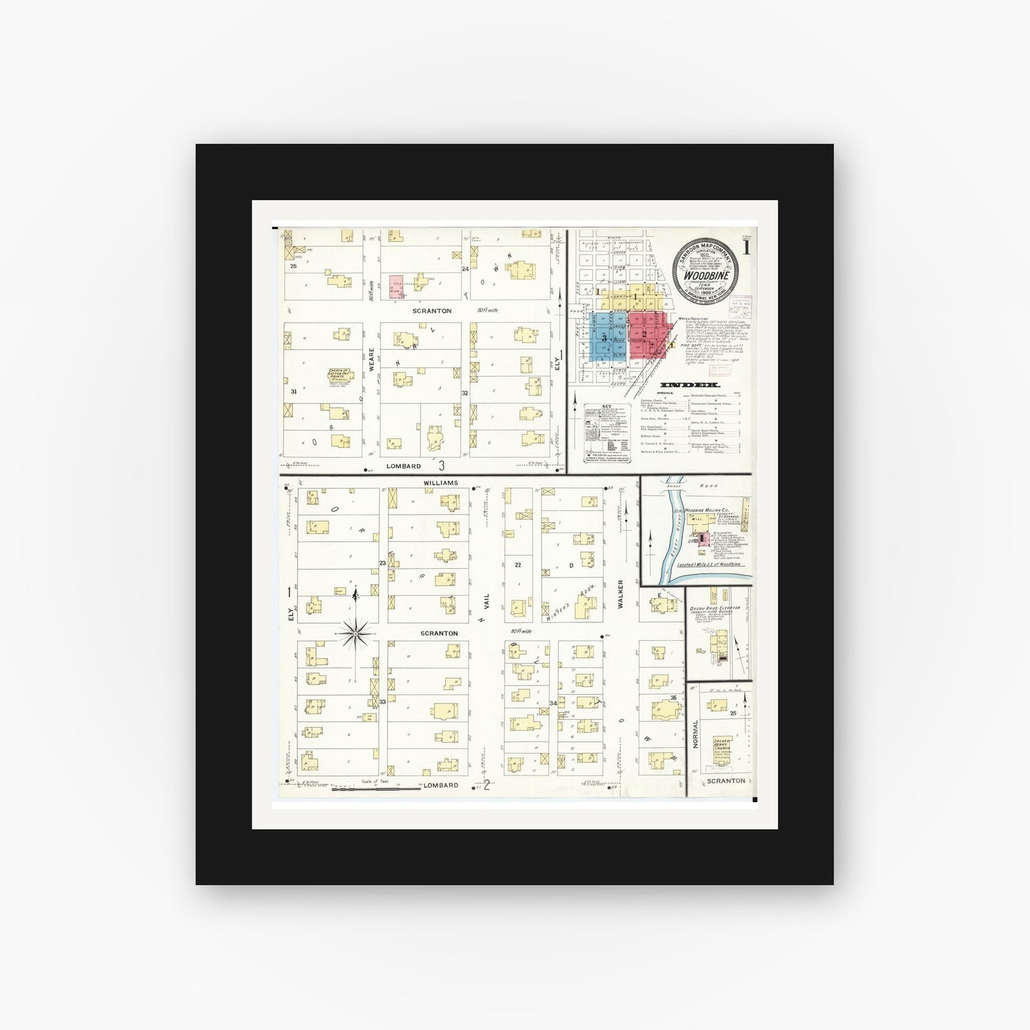 Old map wall art mockup — black gallery frame with white mat — Sanborn Fire Insurance Map from Woodbine, Harrison County, Iowa (1908) â€” Complete Set
