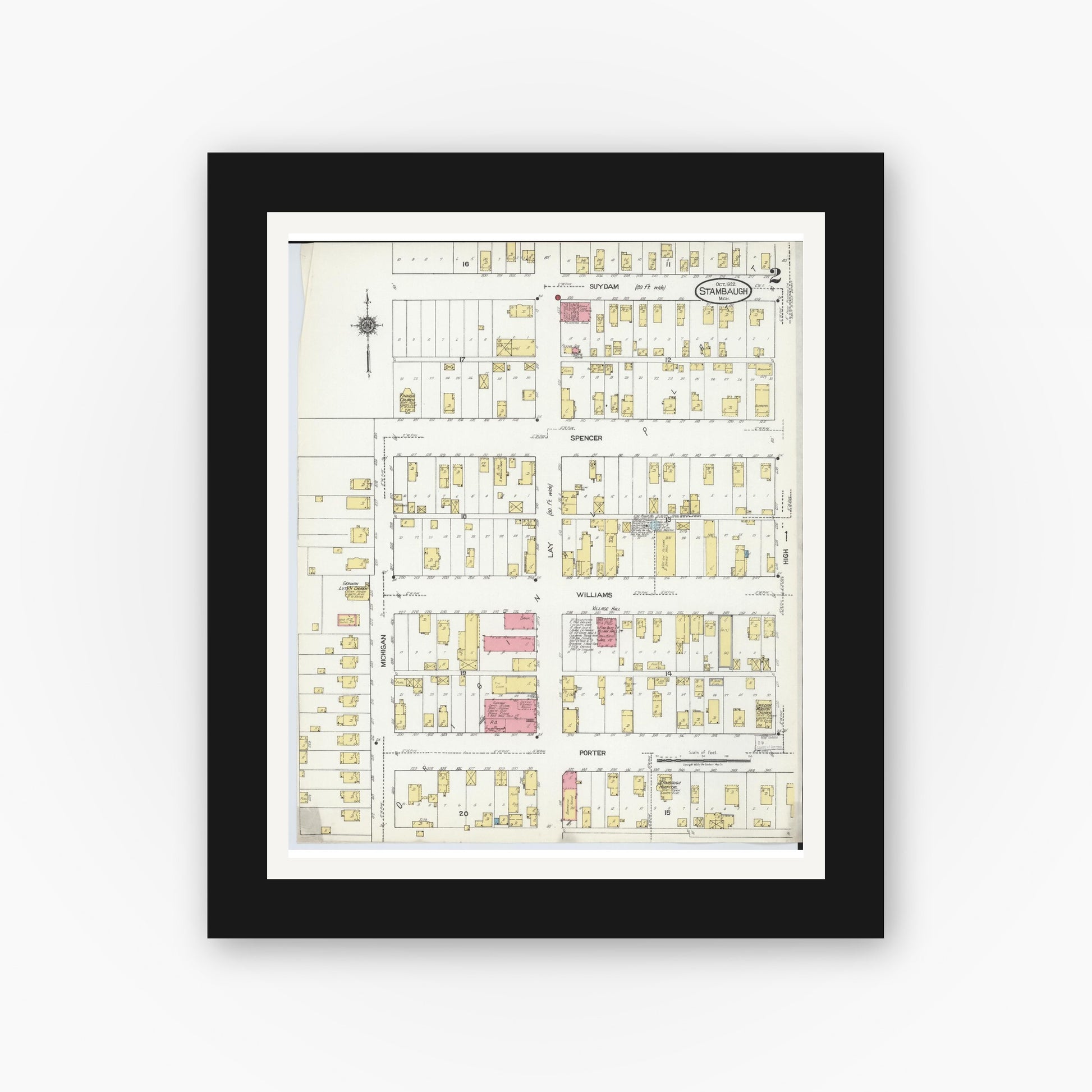 Old map wall art mockup — black gallery frame with white mat — Sanborn Fire Insurance Map from Stambaugh, Iron County, Michigan (1922), Sheet #0002