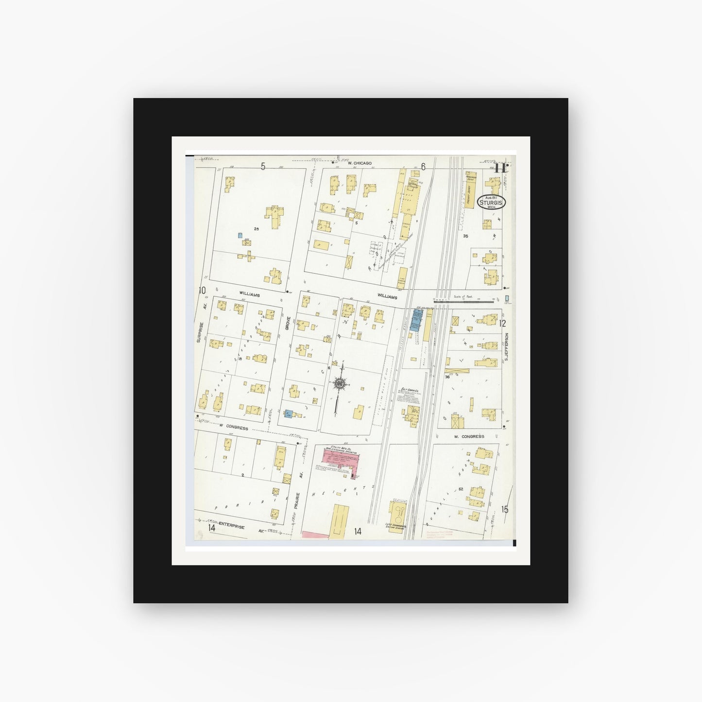 Old map wall art mockup — black gallery frame with white mat — Sanborn Fire Insurance Map from Sturgis, Saint Joseph County, Michigan (1911), Sheet #0011