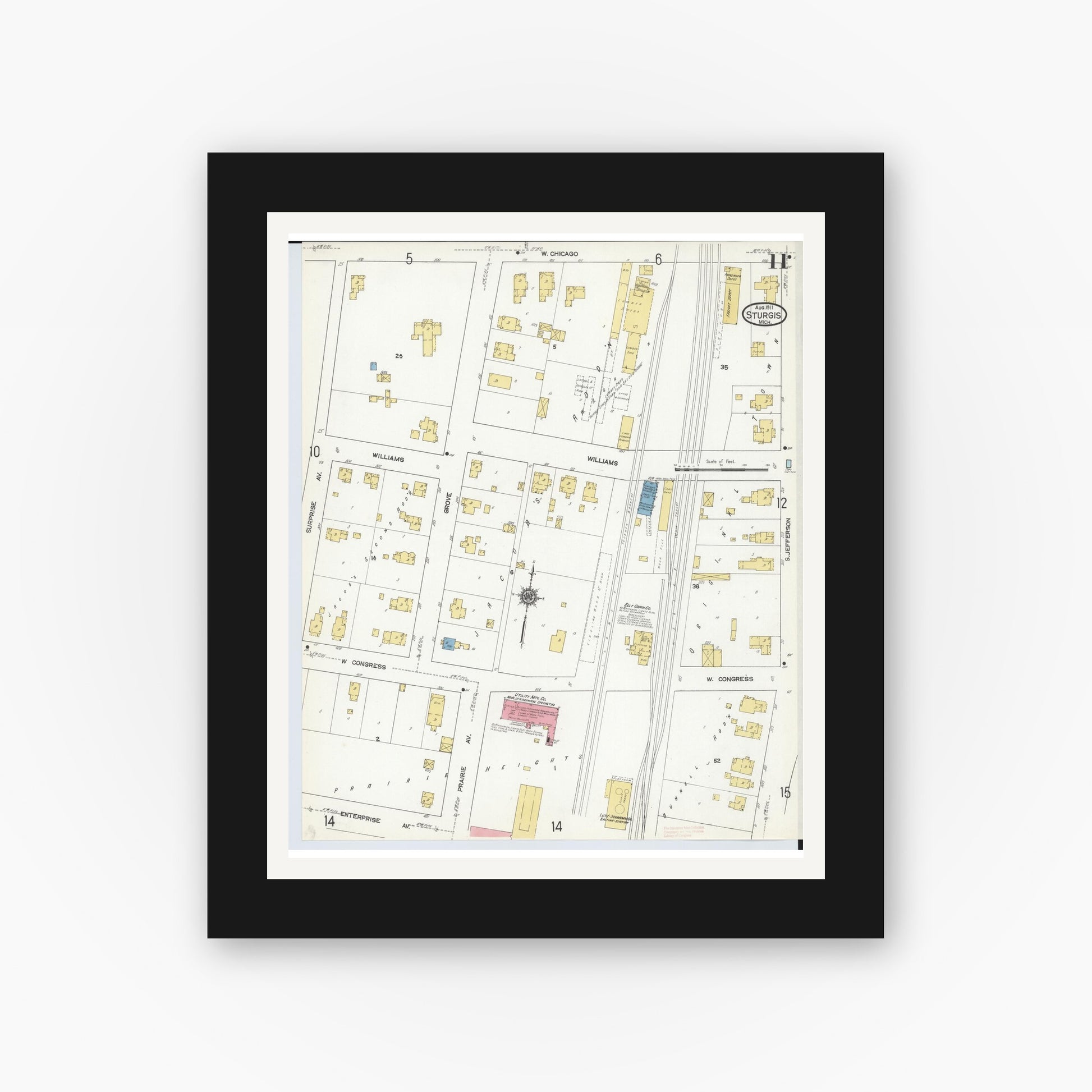Old map wall art mockup — black gallery frame with white mat — Sanborn Fire Insurance Map from Sturgis, Saint Joseph County, Michigan (1911), Sheet #0011