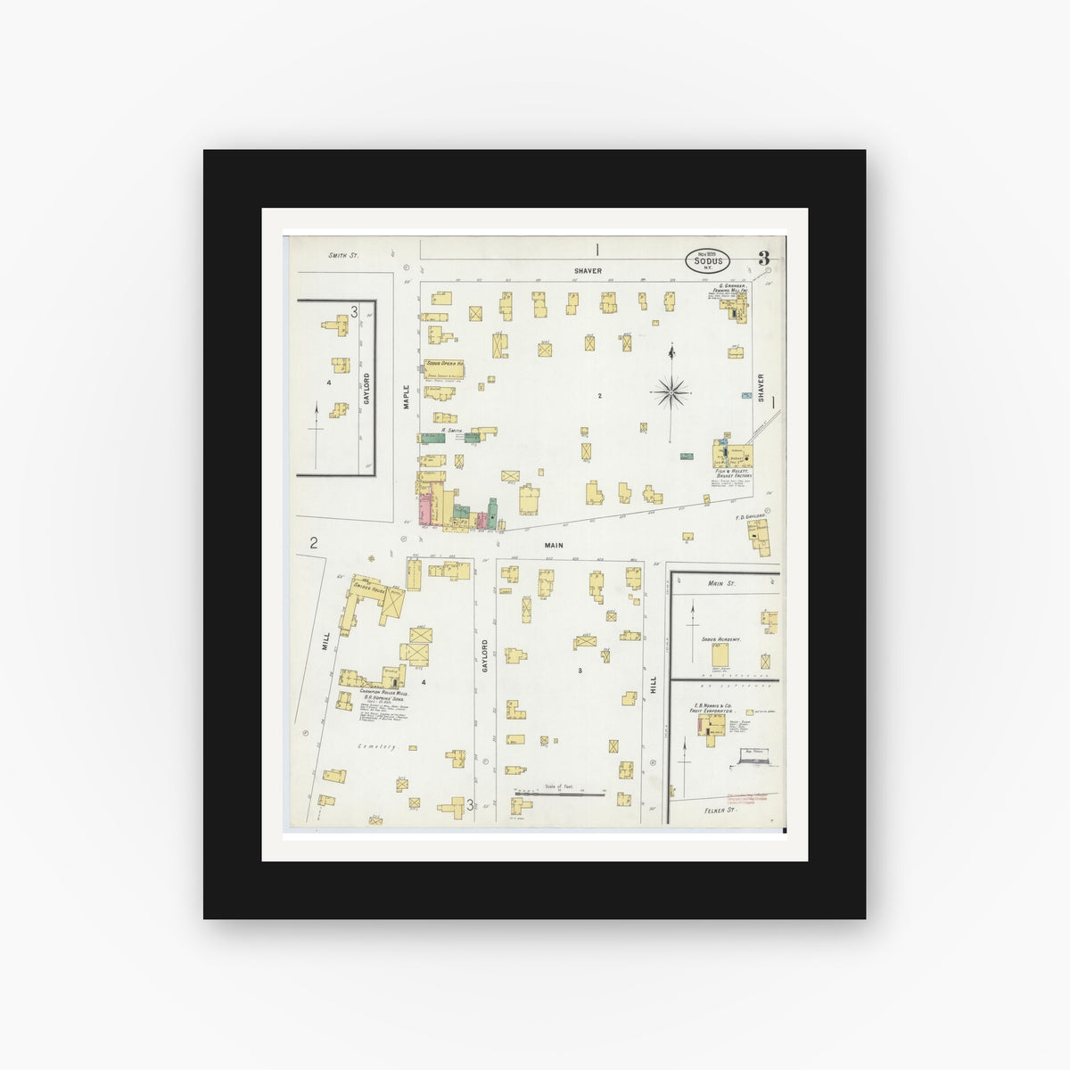 Old map wall art mockup — black gallery frame with white mat — Sanborn Fire Insurance Map from Sodus, Wayne County, New York (1899), Sheet #0003