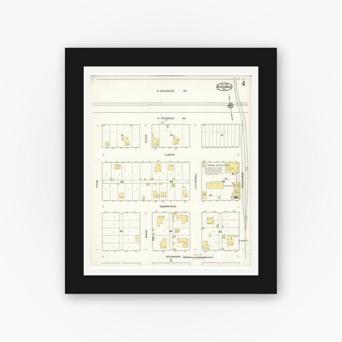 Old map wall art mockup — black gallery frame with white mat — Sanborn Fire Insurance Map from Giddings, Lee County, Texas (1921), Sheet #0004