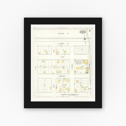 Old map wall art mockup — black gallery frame with white mat — Sanborn Fire Insurance Map from Giddings, Lee County, Texas (1921), Sheet #0004