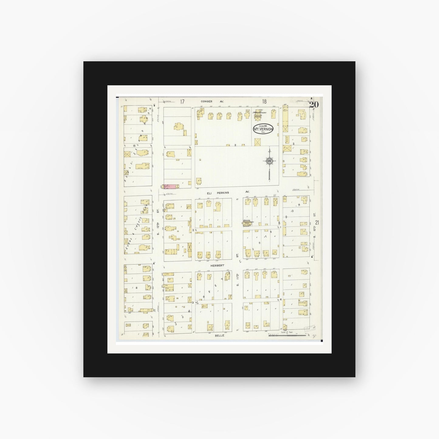 Old map wall art mockup — black gallery frame with white mat — Sanborn Fire Insurance Map from Mount Vernon, Jefferson County, Illinois (1913), Sheet #0020