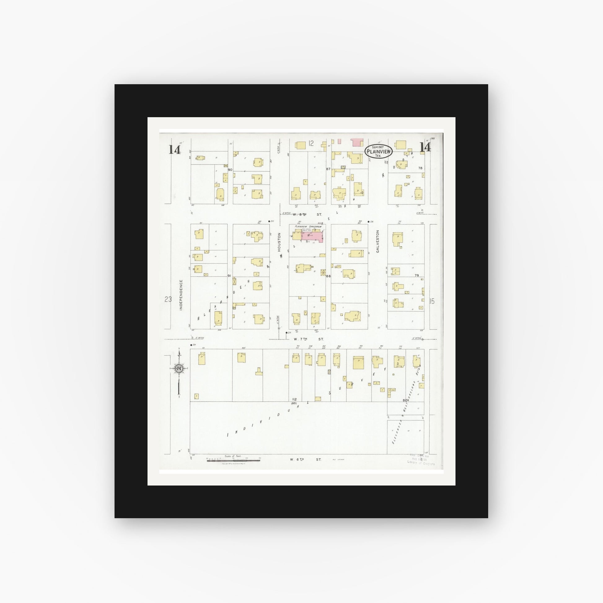 Old map wall art mockup — black gallery frame with white mat — Sanborn Fire Insurance Map from Plainview, Hale County, Texas (1927), Sheet #0014