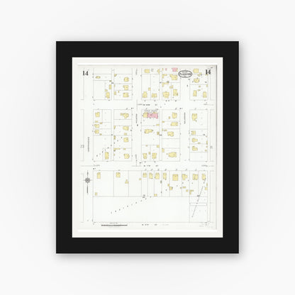 Old map wall art mockup — black gallery frame with white mat — Sanborn Fire Insurance Map from Plainview, Hale County, Texas (1927), Sheet #0014