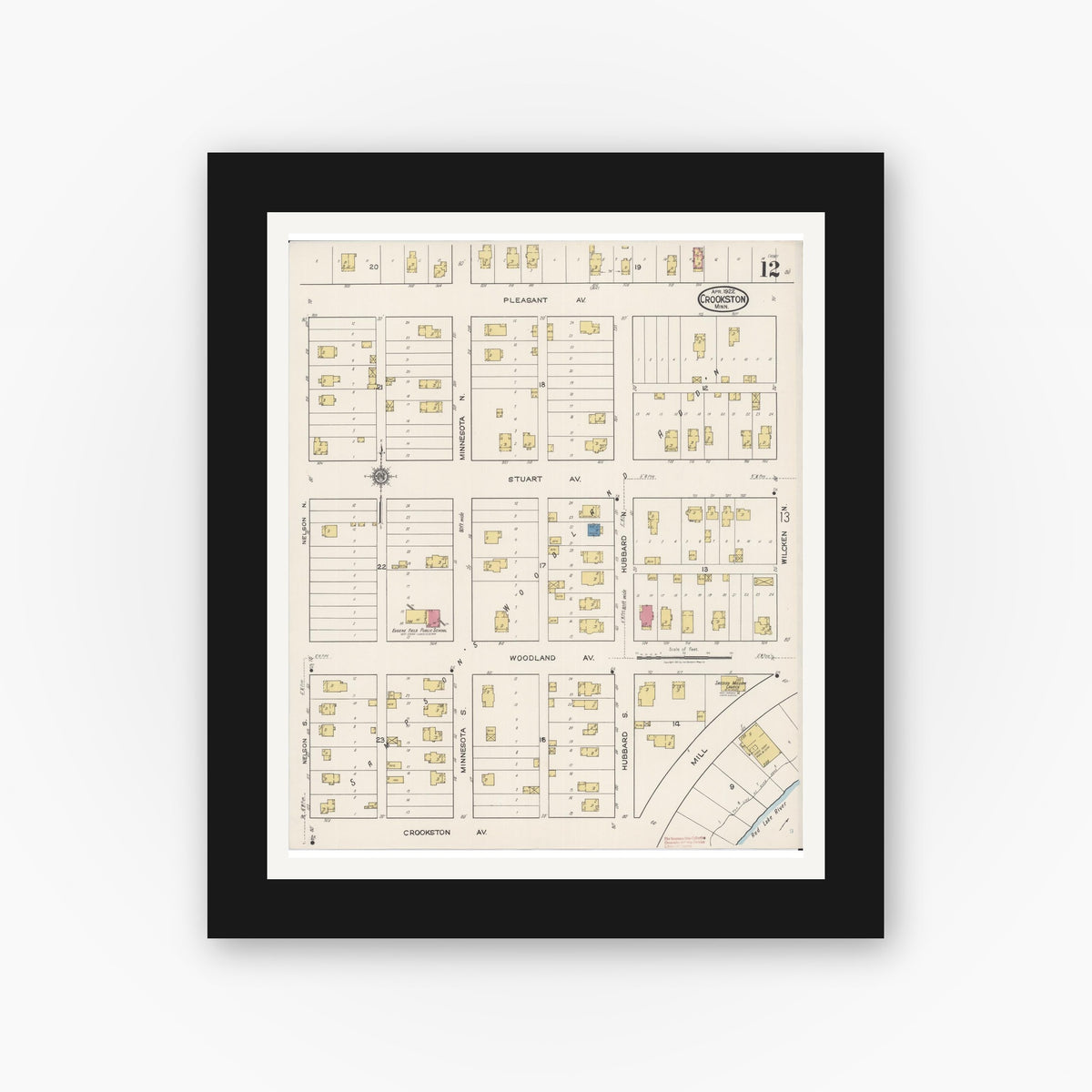 Old map wall art mockup — black gallery frame with white mat — Sanborn Fire Insurance Map from Crookston, Polk County, Minnesota (1922), Sheet #0012