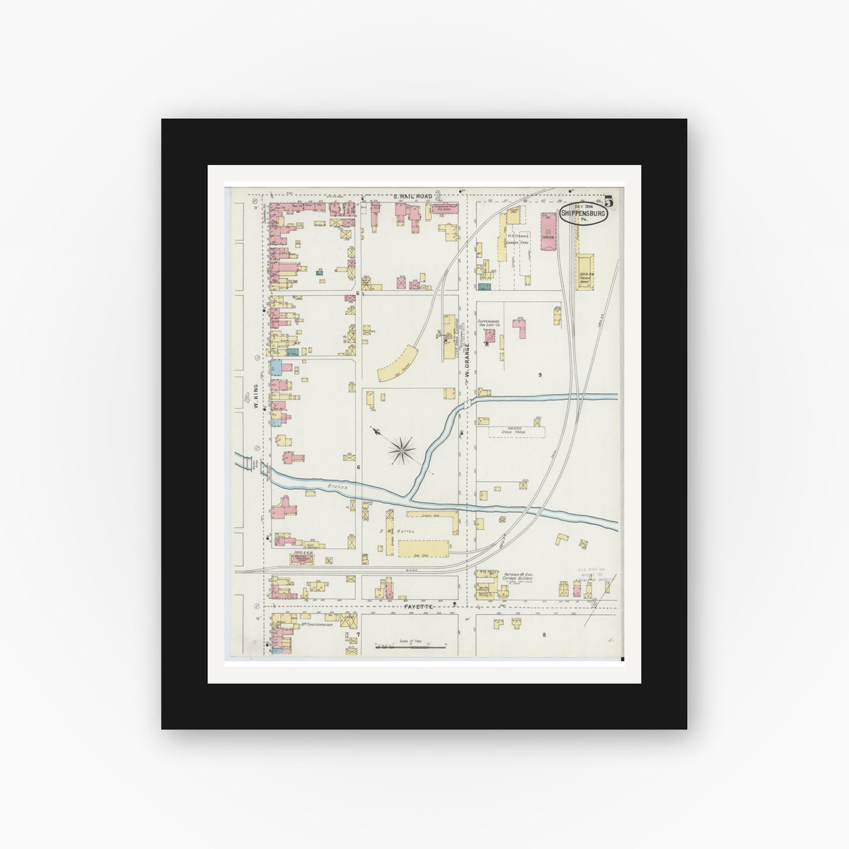 Old map wall art mockup — black gallery frame with white mat — Sanborn Fire Insurance Map from Shippensburg, Cumberland And Franklin Counties, Pennsylvania (1894), Sheet #0005