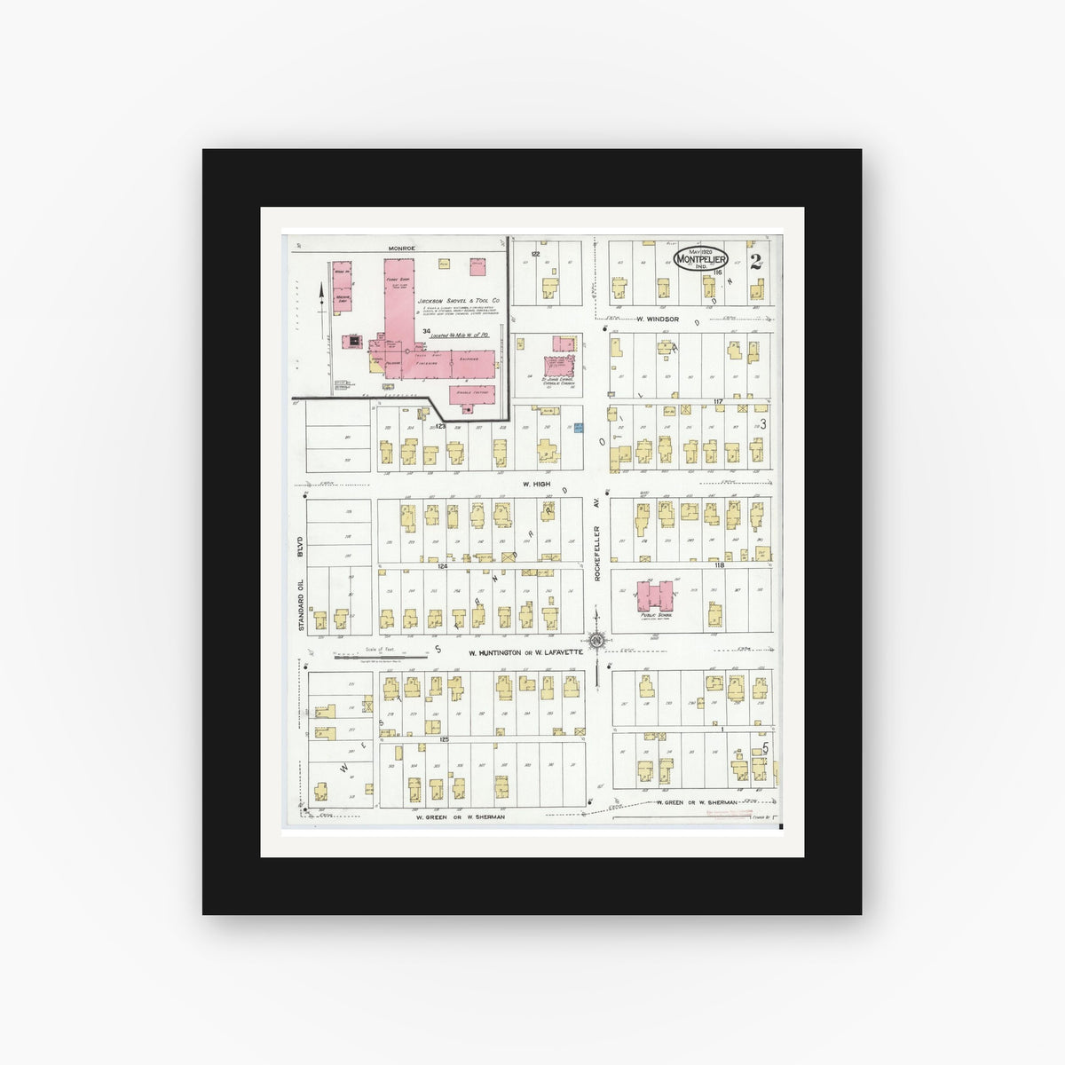 Old map wall art mockup — black gallery frame with white mat — Sanborn Fire Insurance Map from Montpelier, Blackford County, Indiana (1920), Sheet #0002