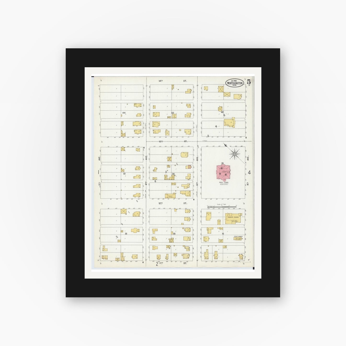 Old map wall art mockup — black gallery frame with white mat — Sanborn Fire Insurance Map from Worthington, Nobles County, Minnesota (1900), Sheet #0005