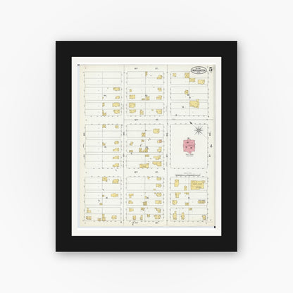 Old map wall art mockup — black gallery frame with white mat — Sanborn Fire Insurance Map from Worthington, Nobles County, Minnesota (1900), Sheet #0005
