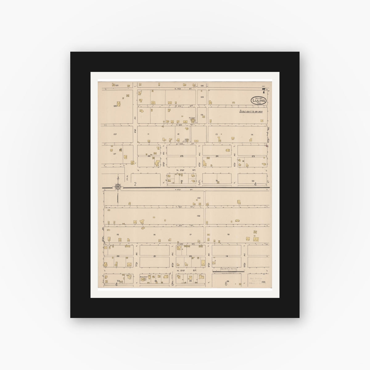 Old map wall art mockup — black gallery frame with white mat — Sanborn Fire Insurance Map from Luling, Caldwell County, Texas (1921), Sheet #0007