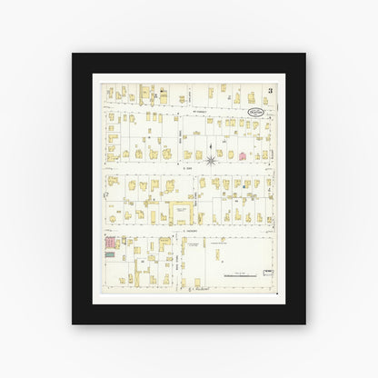 Old map wall art mockup — black gallery frame with white mat — Sanborn Fire Insurance Map from Denton, Denton County, Texas (1907), Sheet #0003