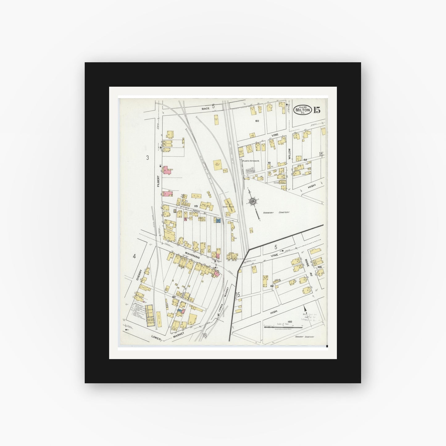 Old map wall art mockup — black gallery frame with white mat — Sanborn Fire Insurance Map from Milton, Northumberland County, Pennsylvania (1918), Sheet #0015