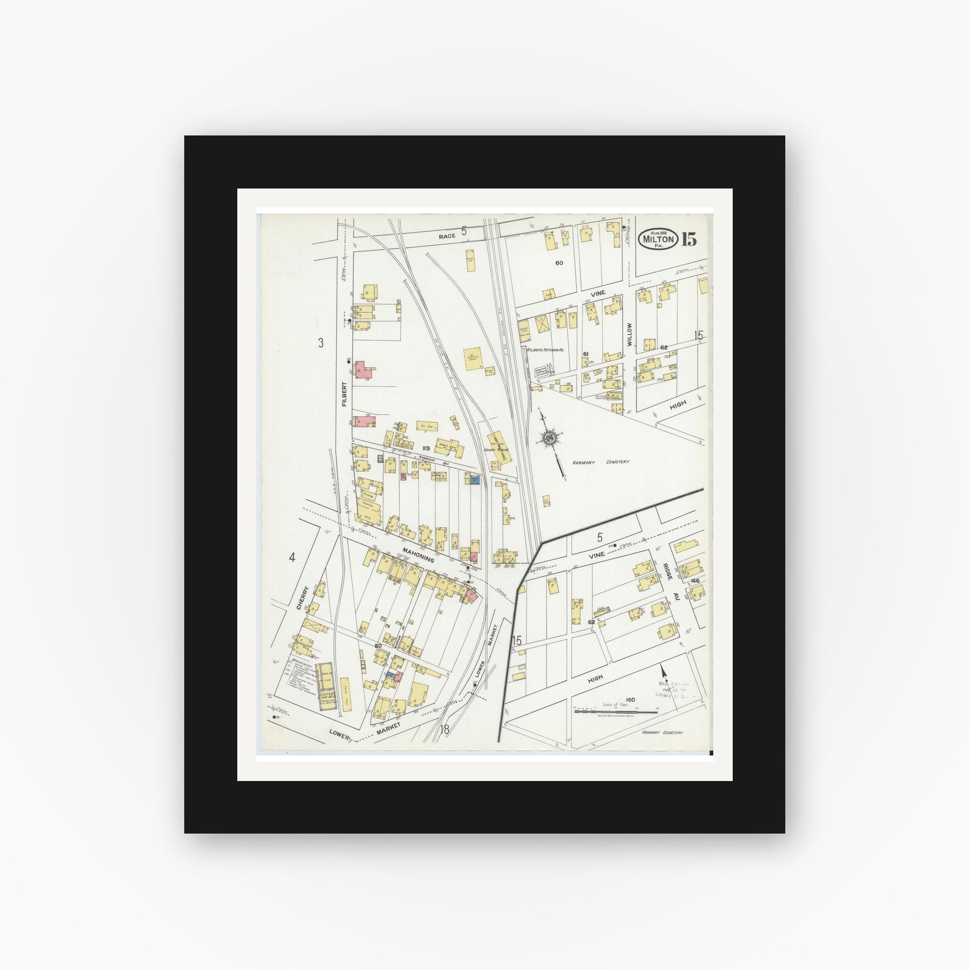 Old map wall art mockup — black gallery frame with white mat — Sanborn Fire Insurance Map from Milton, Northumberland County, Pennsylvania (1918), Sheet #0015