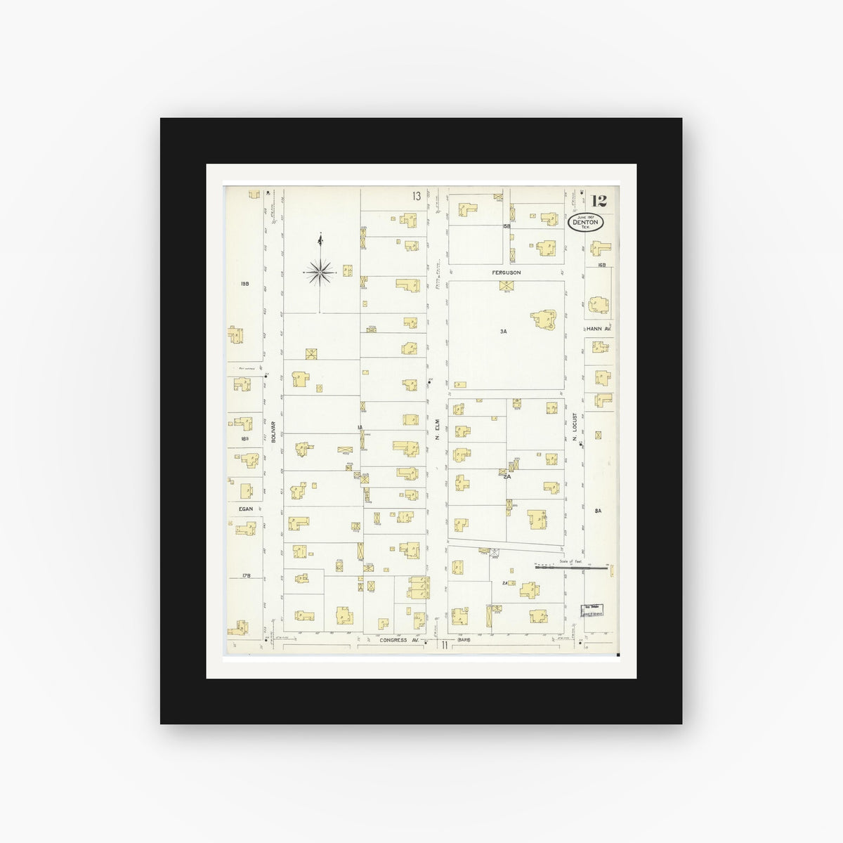 Old map wall art mockup — black gallery frame with white mat — Sanborn Fire Insurance Map from Denton, Denton County, Texas (1907), Sheet #0012