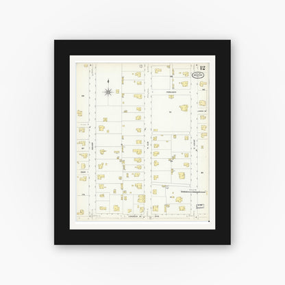 Old map wall art mockup — black gallery frame with white mat — Sanborn Fire Insurance Map from Denton, Denton County, Texas (1907), Sheet #0012