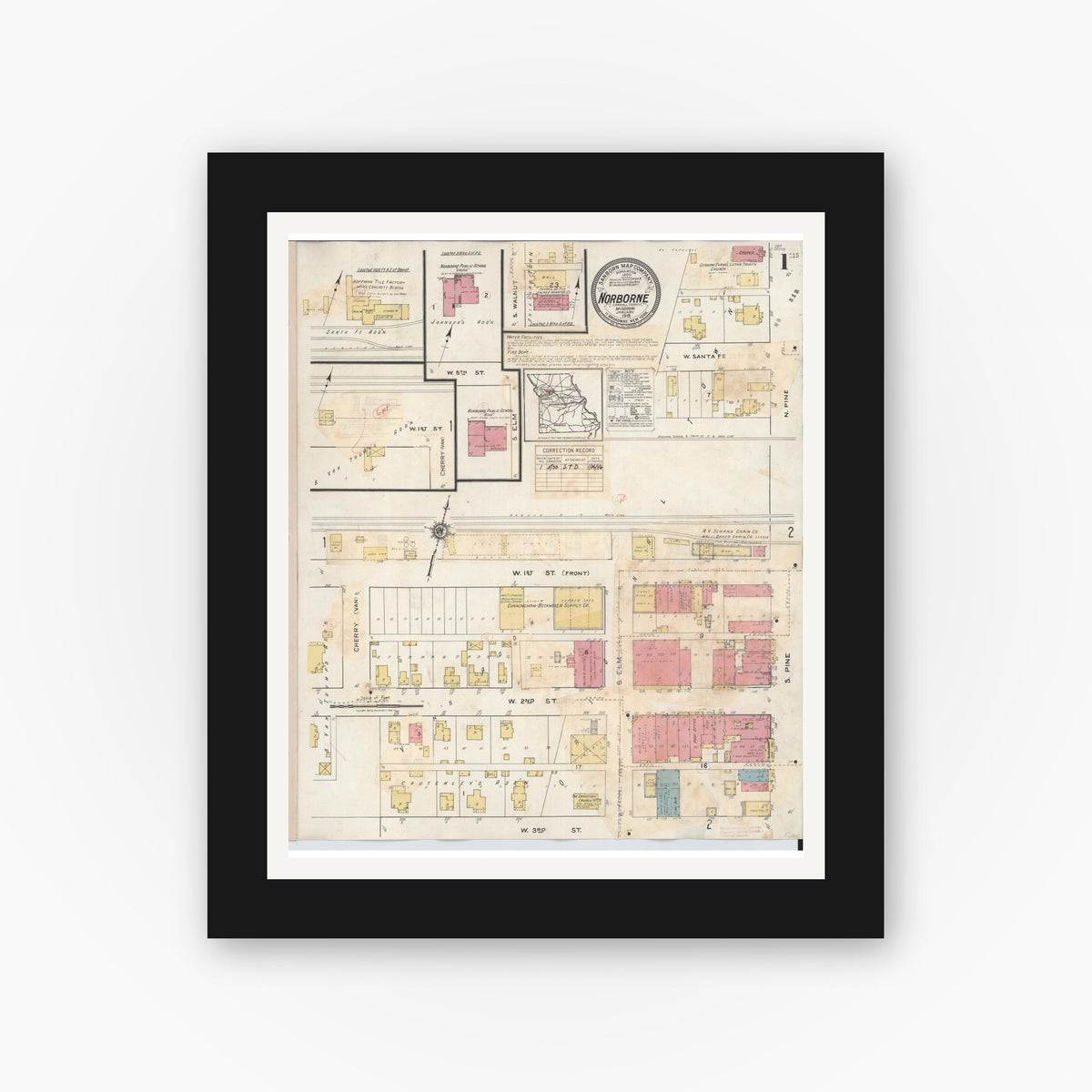 Old map wall art mockup — black gallery frame with white mat — Sanborn Fire Insurance Map from Norborne, Carroll County, Missouri (1933) - Complete Map Set