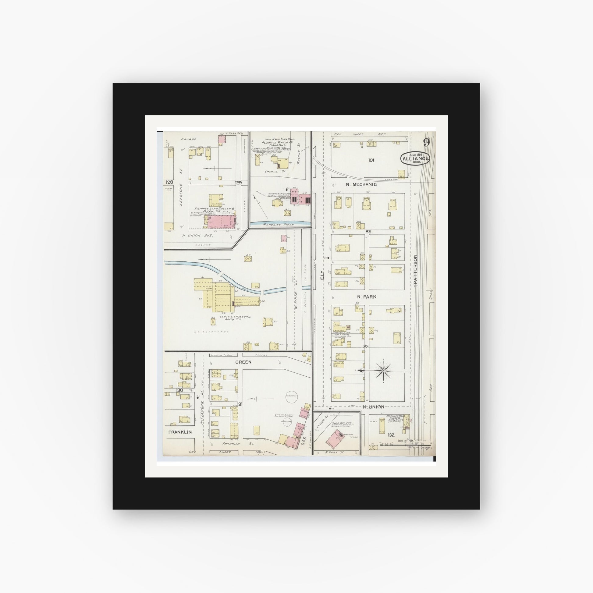 Old map wall art mockup — black gallery frame with white mat — Sanborn Fire Insurance Map from Alliance, Stark County, Ohio (1892), Sheet #0009