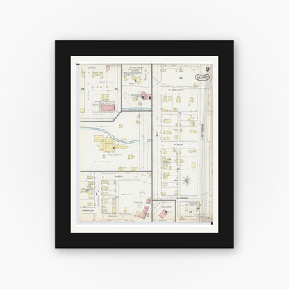 Old map wall art mockup — black gallery frame with white mat — Sanborn Fire Insurance Map from Alliance, Stark County, Ohio (1892), Sheet #0009