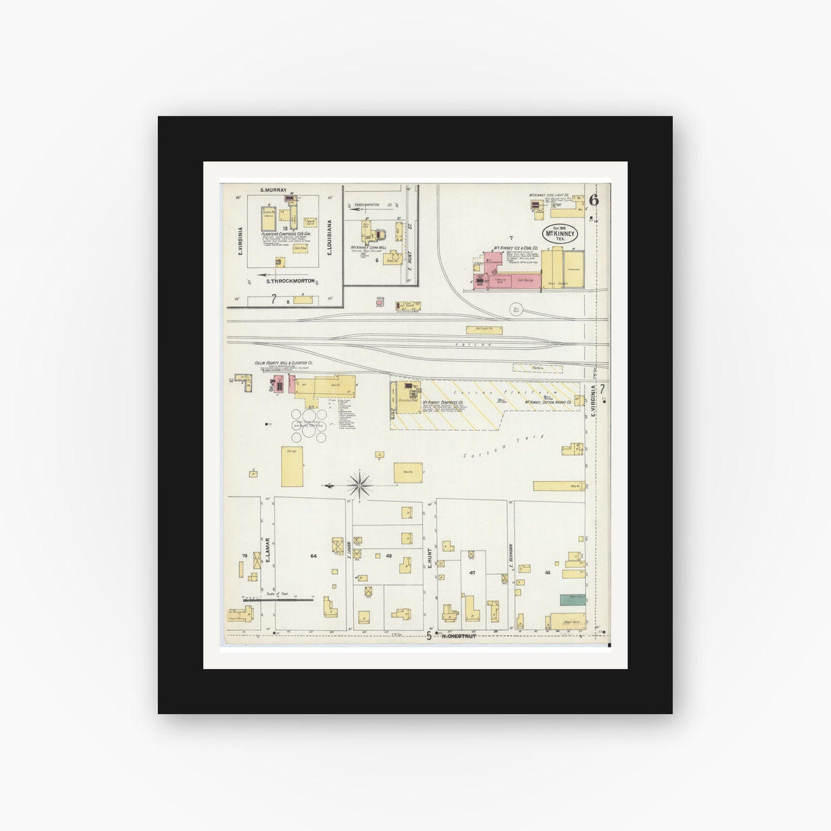 Old map wall art mockup — black gallery frame with white mat — Sanborn Fire Insurance Map from McKinney, Collin County, Texas (1902), Sheet #0006
