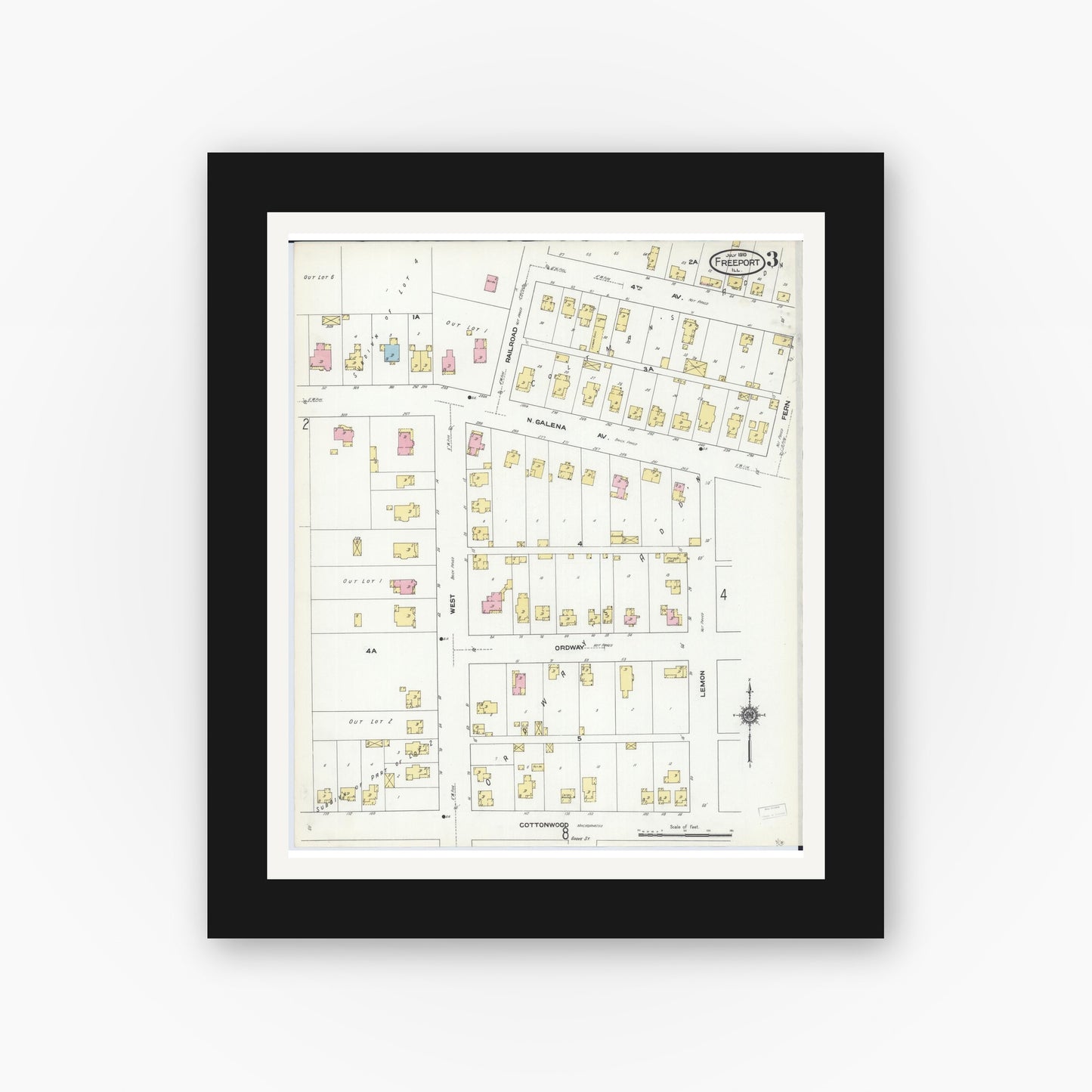 Old map wall art mockup — black gallery frame with white mat — Sanborn Fire Insurance Map from Freeport, Stephenson County, Illinois (1910), Sheet #0003
