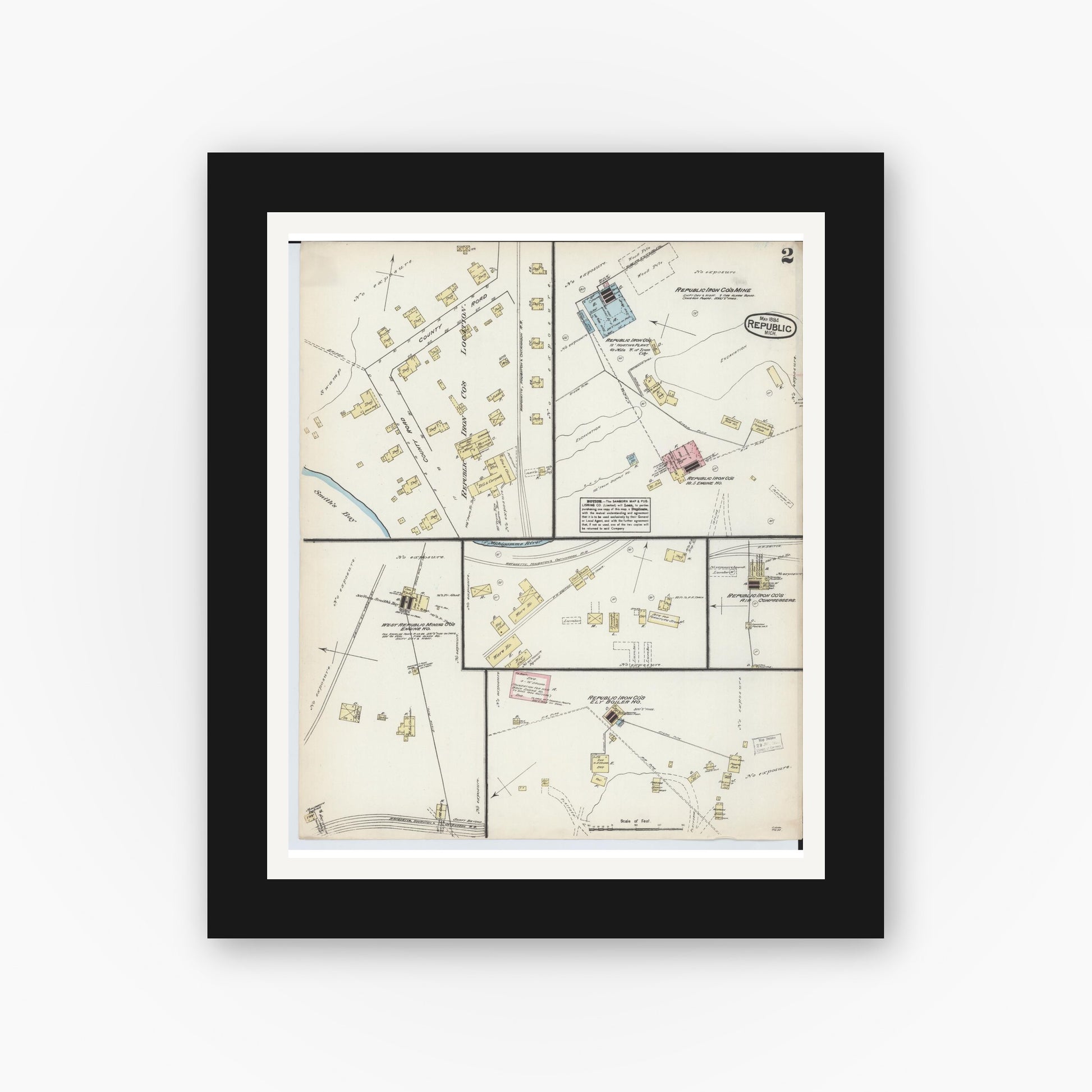 Old map wall art mockup — black gallery frame with white mat — Sanborn Fire Insurance Map from Republic, Marquette County, Michigan (1884), Sheet #0002