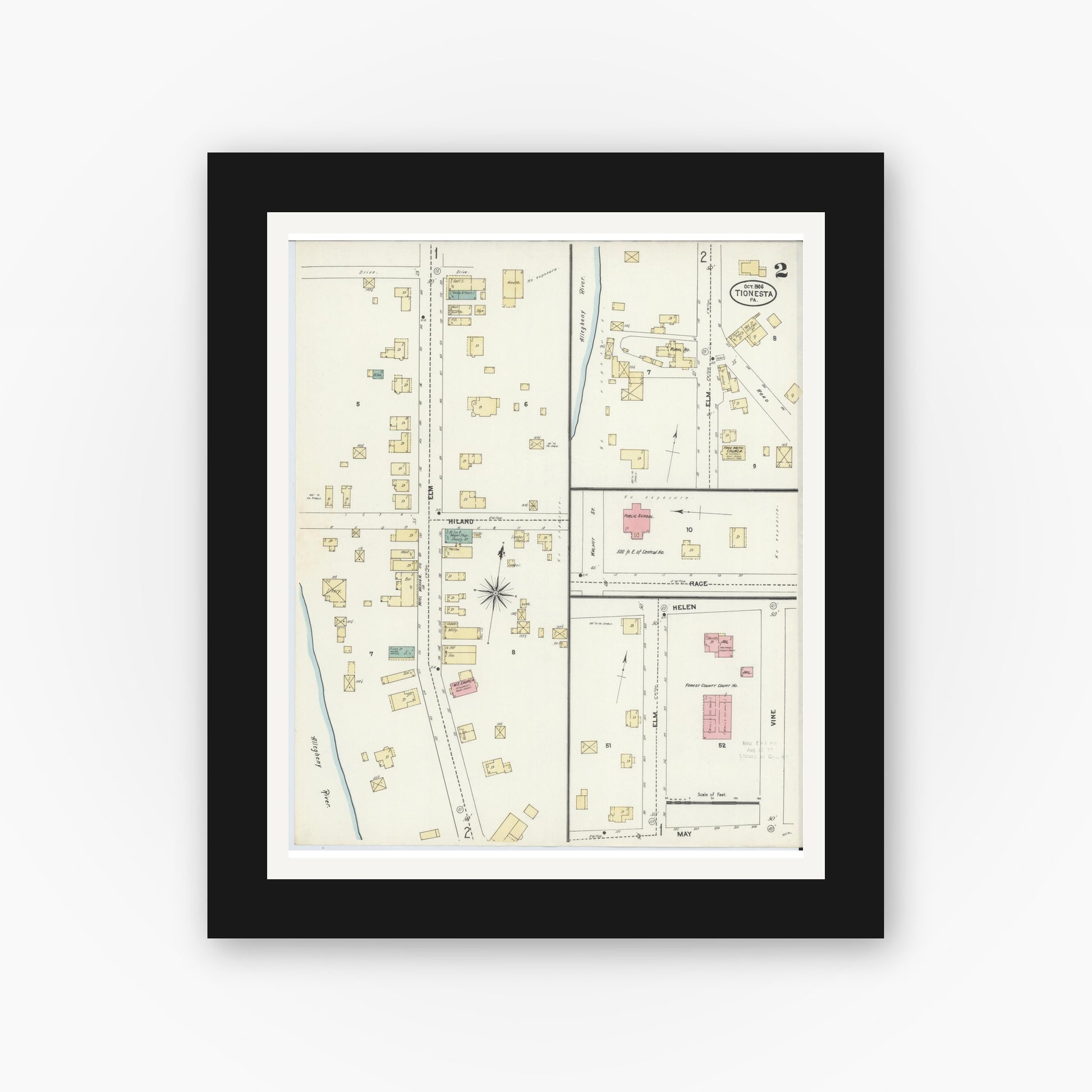 Old map wall art mockup — black gallery frame with white mat — Sanborn Fire Insurance Map from Tionesta, Forest County, Pennsylvania (1906), Sheet #0002