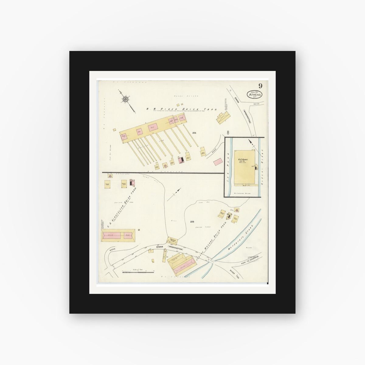 Old map wall art mockup — black gallery frame with white mat — Sanborn Fire Insurance Map from Athens, Greene County, New York (1912), Sheet #0009