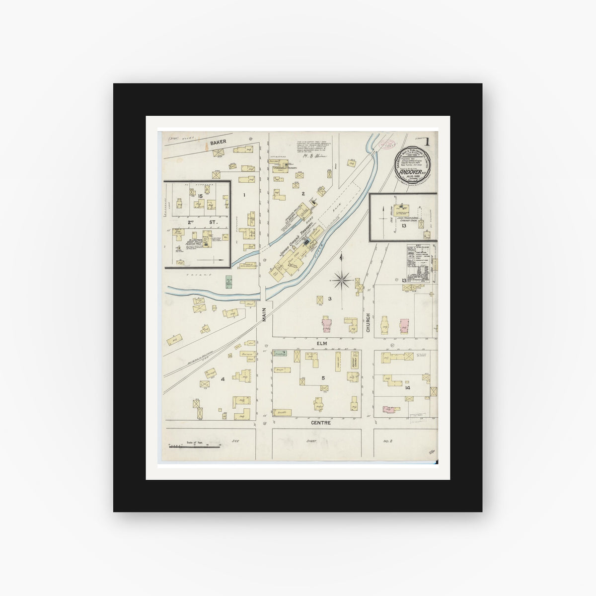 Old map wall art mockup — black gallery frame with white mat — Sanborn Fire Insurance Map from Andover, Allegany County, New York (1888), Sheet #0001