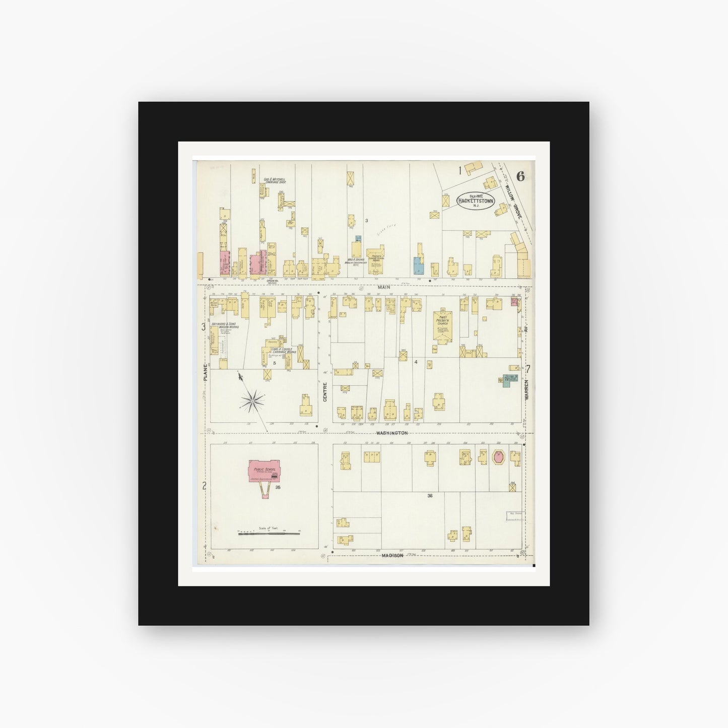 Old map wall art mockup — black gallery frame with white mat — Sanborn Fire Insurance Map from Hackettstown, Warren County, New Jersey (1902), Sheet #0006