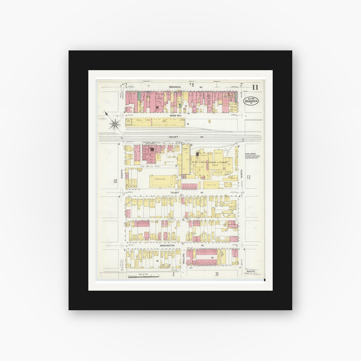 Old map wall art mockup — black gallery frame with white mat — Sanborn Fire Insurance Map from Braddock, Allegheny County, Pennsylvania (1908), Sheet #0011
