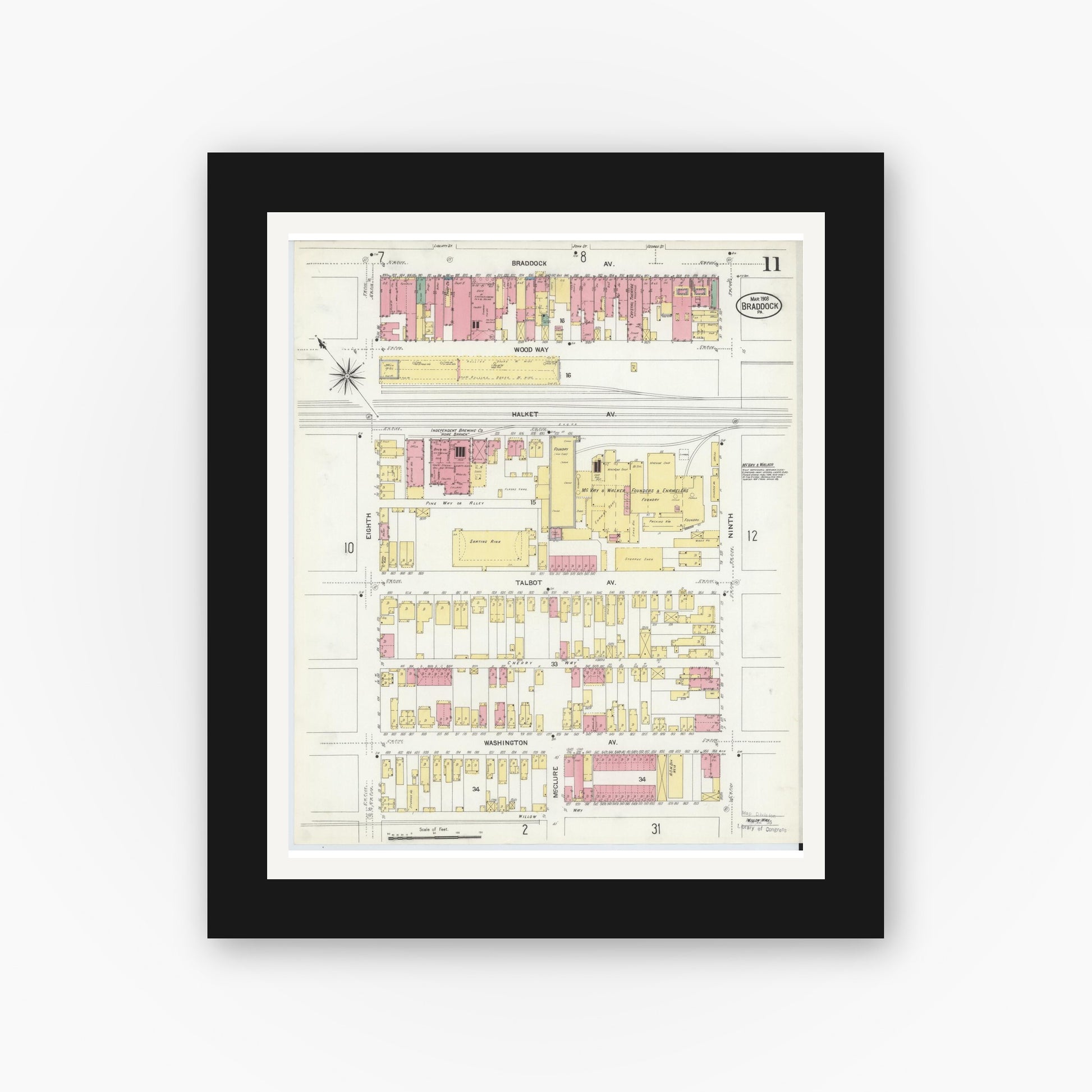Old map wall art mockup — black gallery frame with white mat — Sanborn Fire Insurance Map from Braddock, Allegheny County, Pennsylvania (1908), Sheet #0011