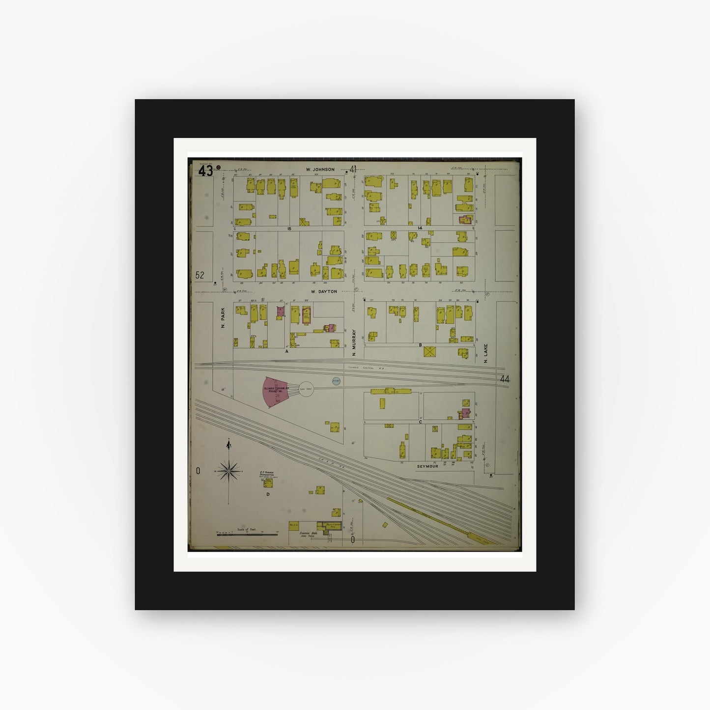 Old map wall art mockup — black gallery frame with white mat — Sanborn Fire Insurance Map from Madison, Dane County, Wisconsin (1908), Sheet #0043