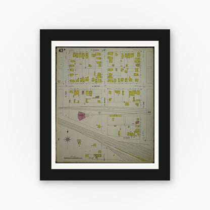 Old map wall art mockup — black gallery frame with white mat — Sanborn Fire Insurance Map from Madison, Dane County, Wisconsin (1908), Sheet #0043